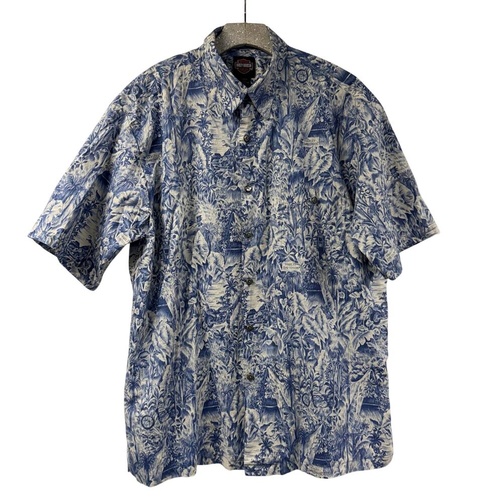 Harley Davidson Motorcycles Hawaiian Shirt Blue Floral XL Tori Richard